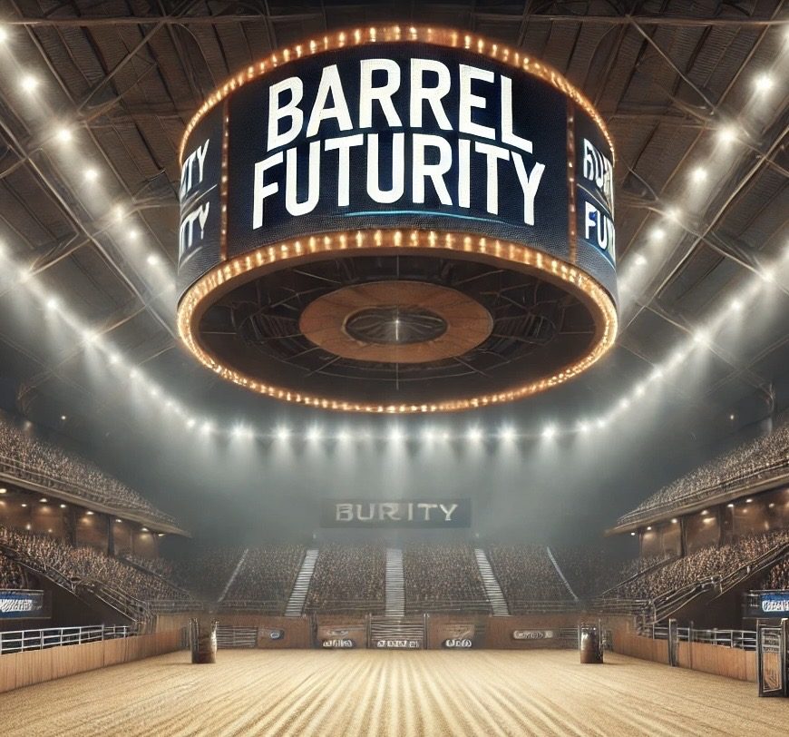 Indoor arena with a Barrel Futurity jumbotron